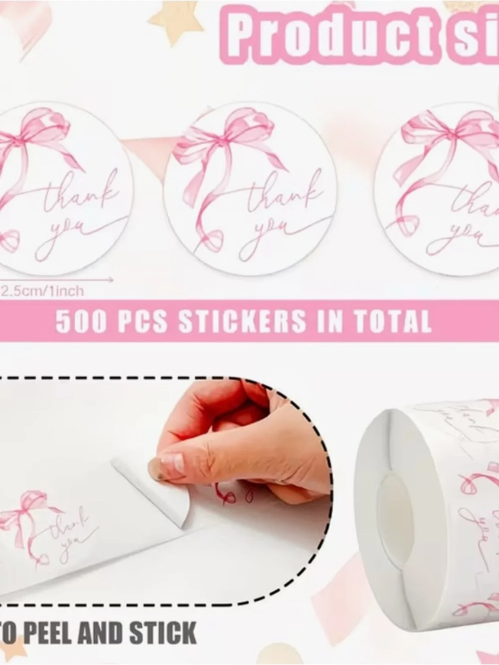 500Pc Pink Bow Thank You Stickers | 1in Roll NIP